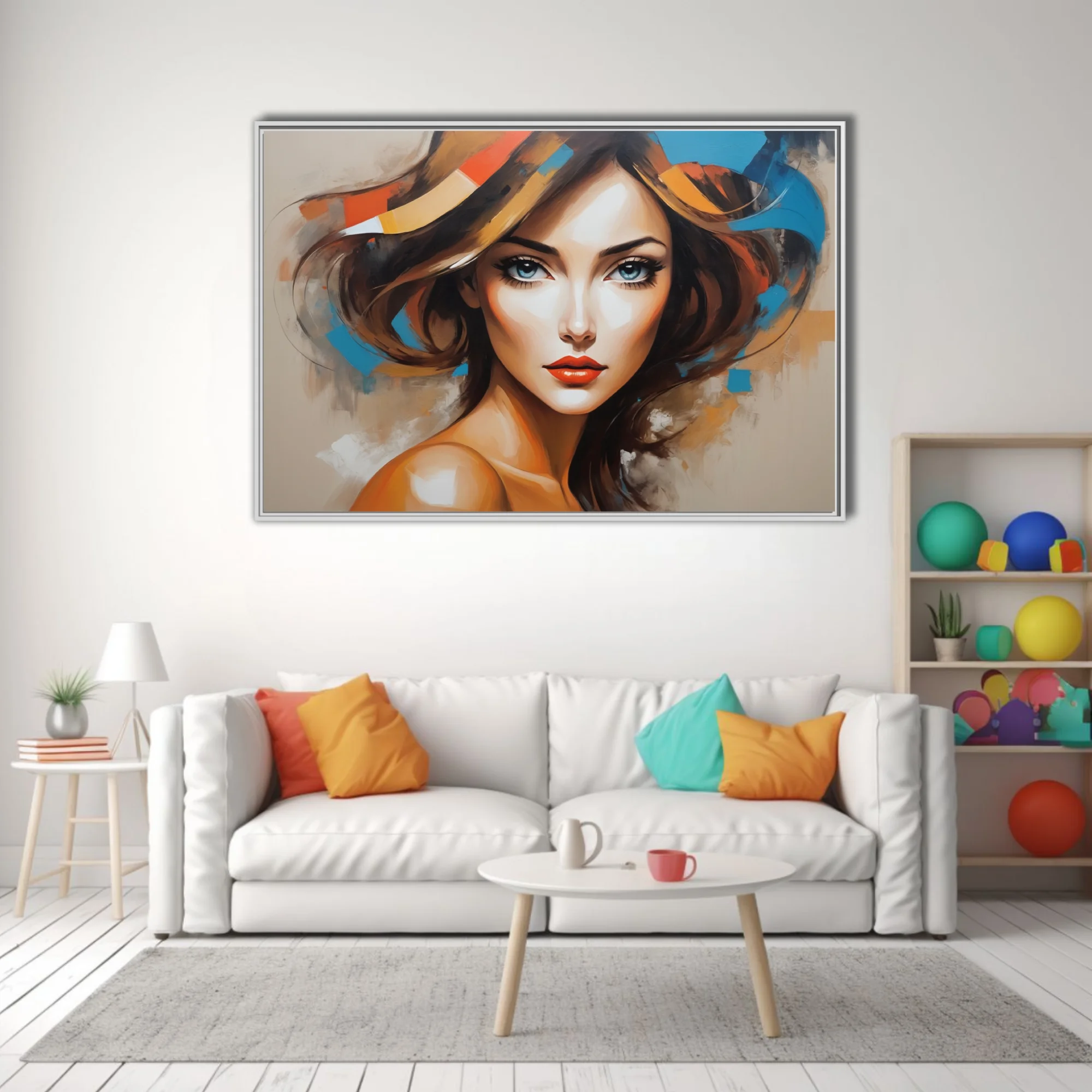 Bold stylized woman portrait with cobalt, ochre and orange-red abstract strokes, contemporary figurative art