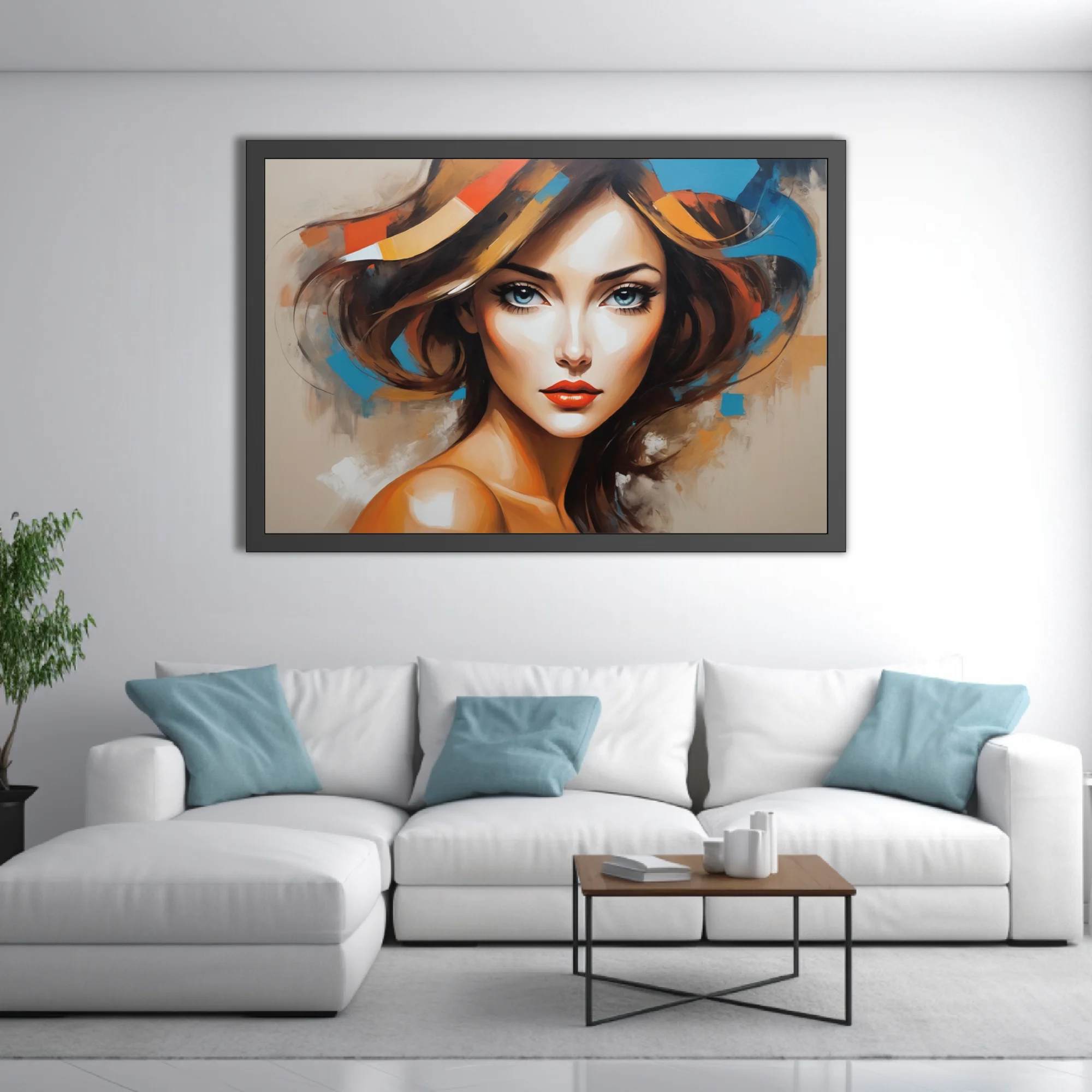 Bold stylized woman portrait with cobalt, ochre and orange-red abstract strokes, contemporary figurative art
