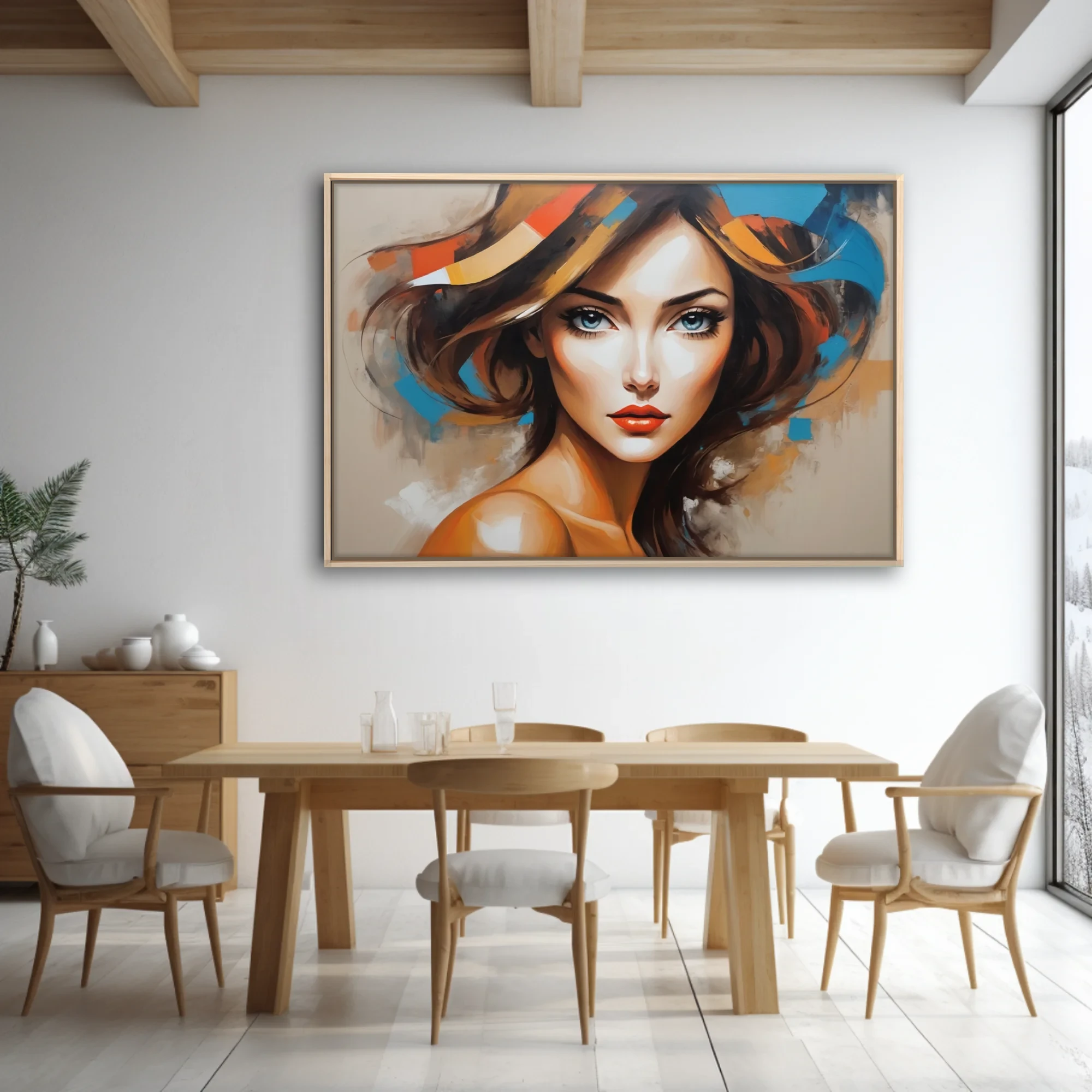 Bold stylized woman portrait with cobalt, ochre and orange-red abstract strokes, contemporary figurative art