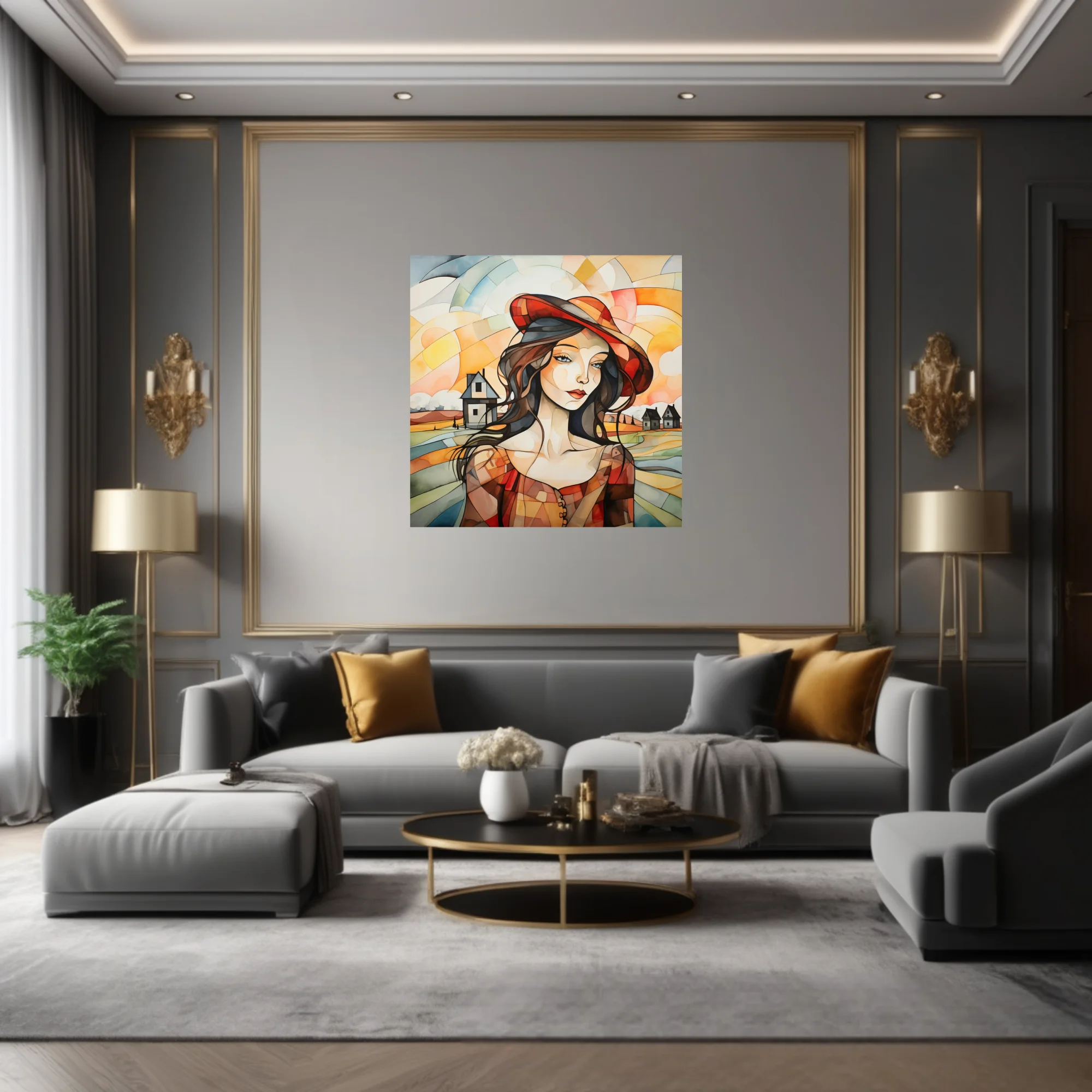 Faceted geometric woman portrait in red hat, warm amber tones, abstract rural landscape