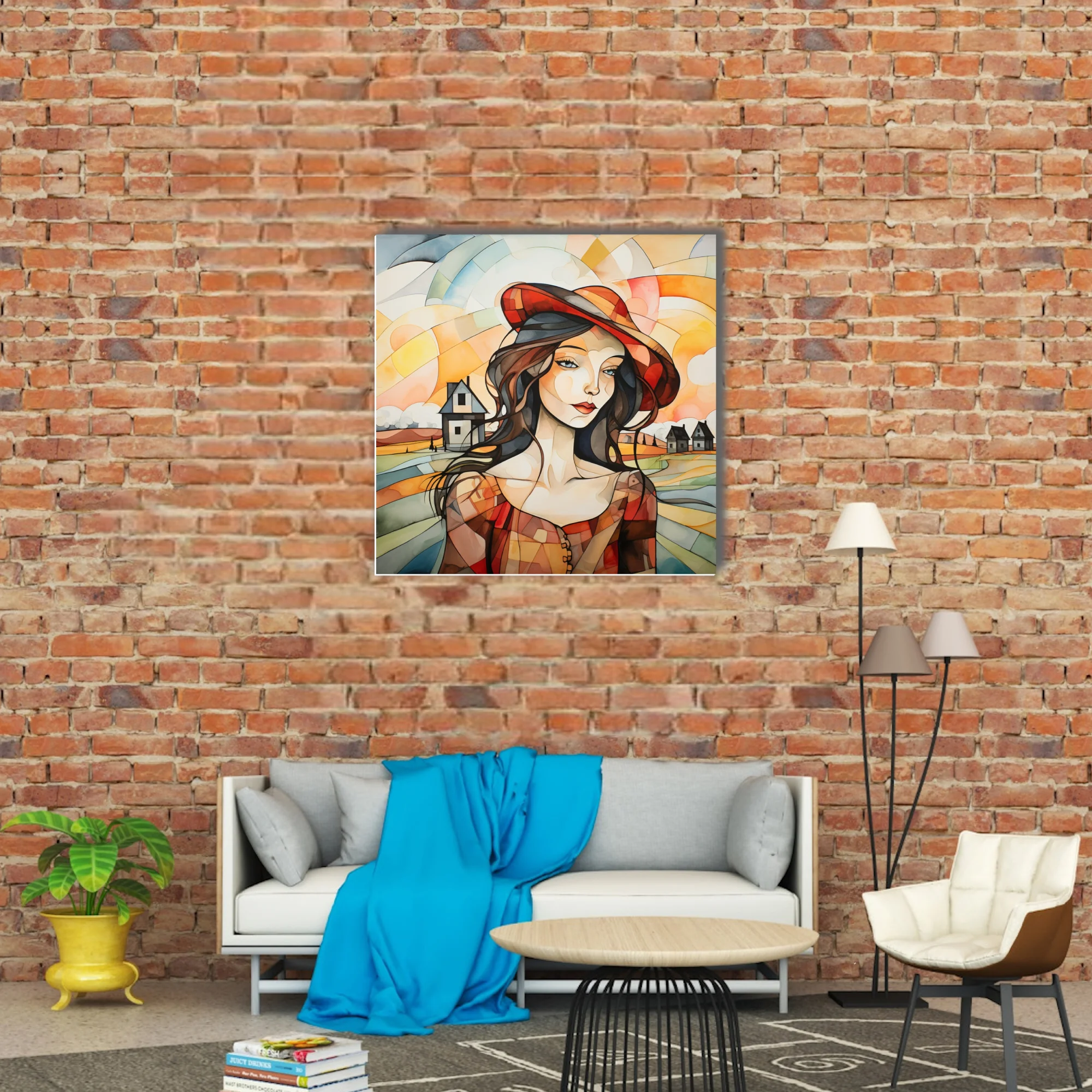 Faceted geometric woman portrait in red hat, warm amber tones, abstract rural landscape