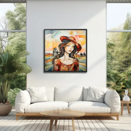 Faceted geometric woman portrait in red hat, warm amber tones, abstract rural landscape