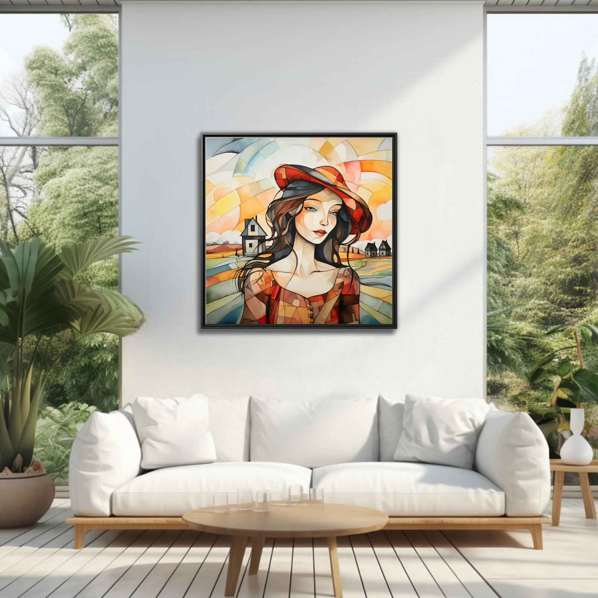 Faceted geometric woman portrait in red hat, warm amber tones, abstract rural landscape