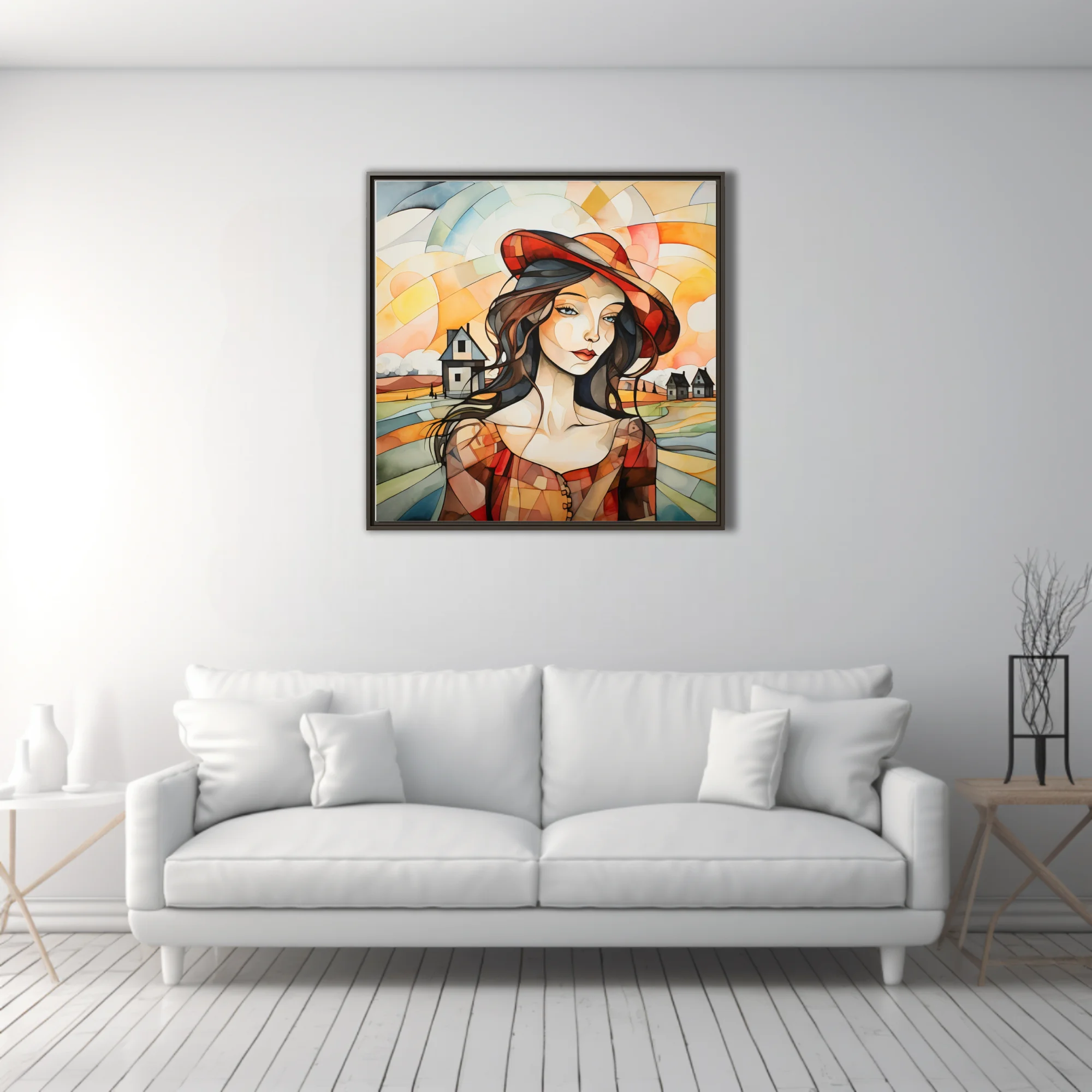 Faceted geometric woman portrait in red hat, warm amber tones, abstract rural landscape