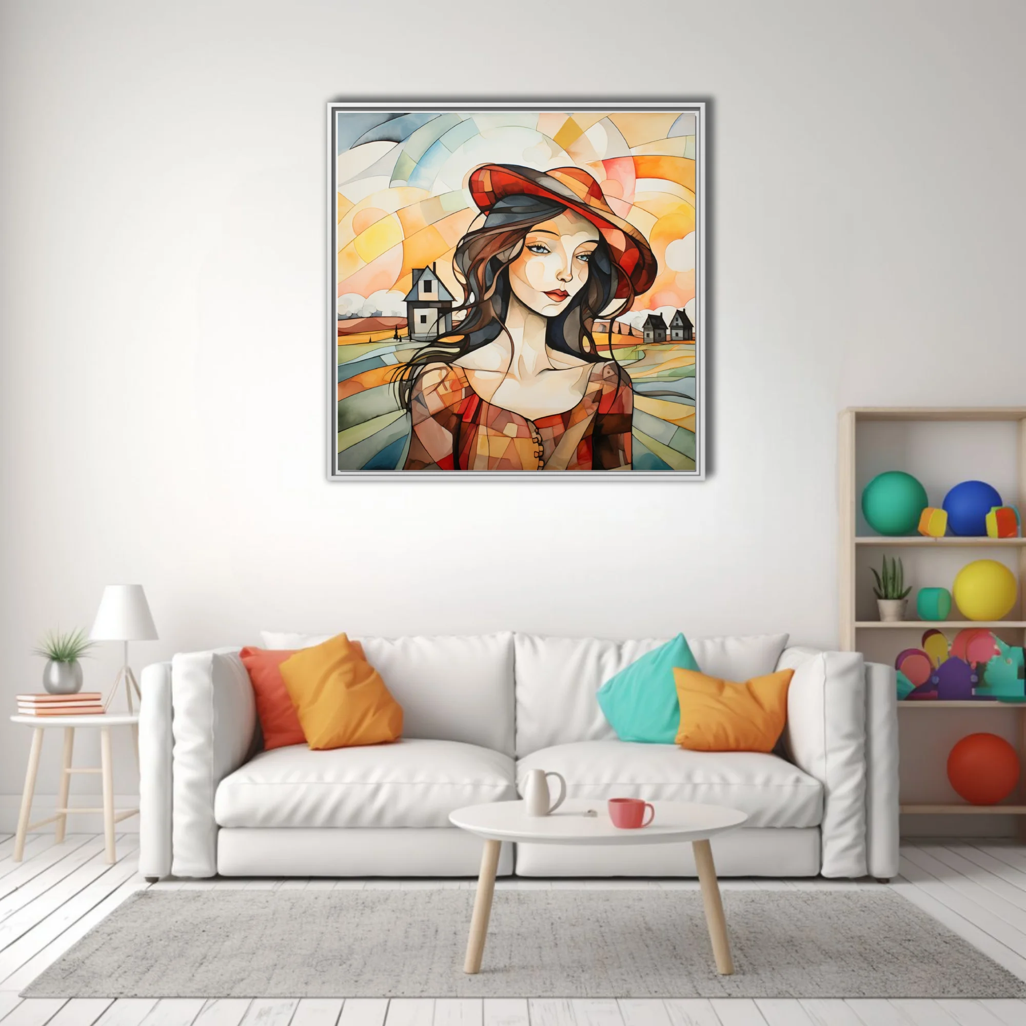 Faceted geometric woman portrait in red hat, warm amber tones, abstract rural landscape
