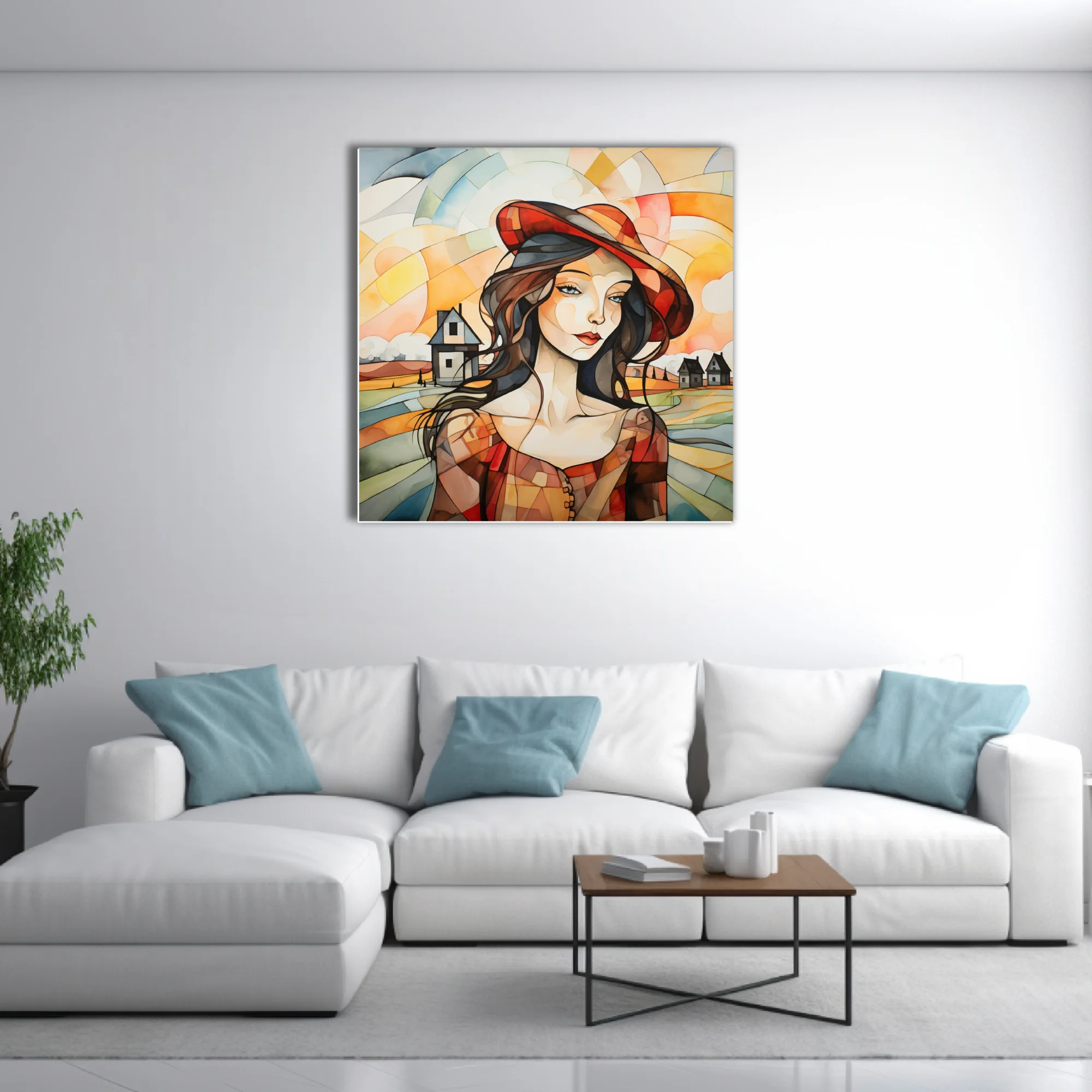 Faceted geometric woman portrait in red hat, warm amber tones, abstract rural landscape