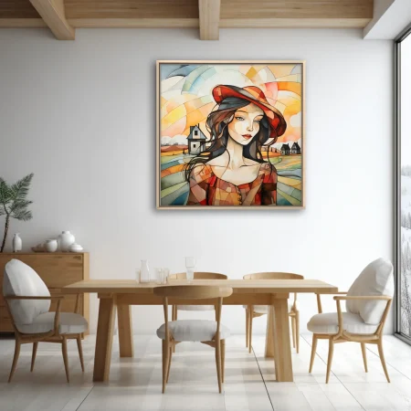 Faceted geometric woman portrait in red hat, warm amber tones, abstract rural landscape