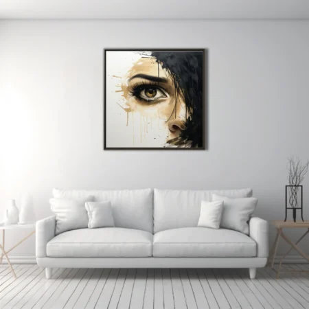 Contemporary portrait of a woman's eye in cream and black with dripping ink splatters and bold strokes.