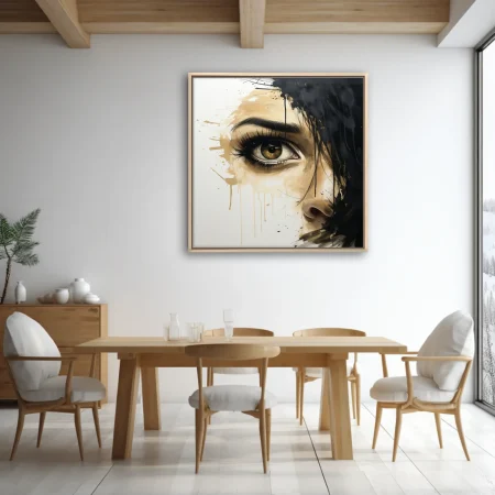 Contemporary portrait of a woman's eye in cream and black with dripping ink splatters and bold strokes.