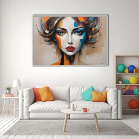 Abstract bold-graphic woman portrait with bold blue, orange, and red geometric color blocks