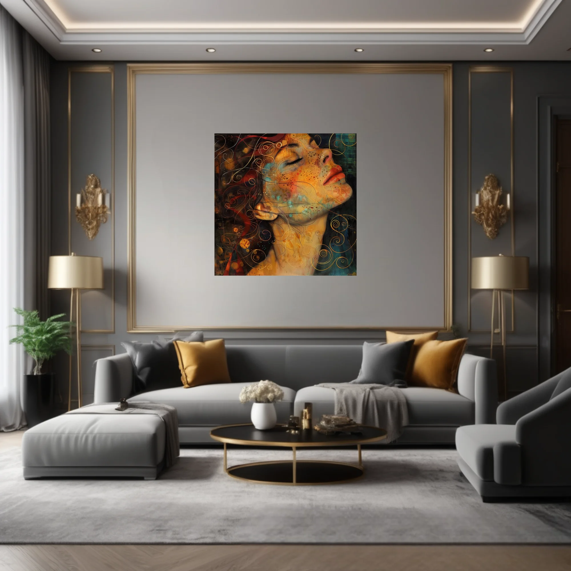 Decorative abstract woman portrait, amber tones, golden spirals, watercolor-style
