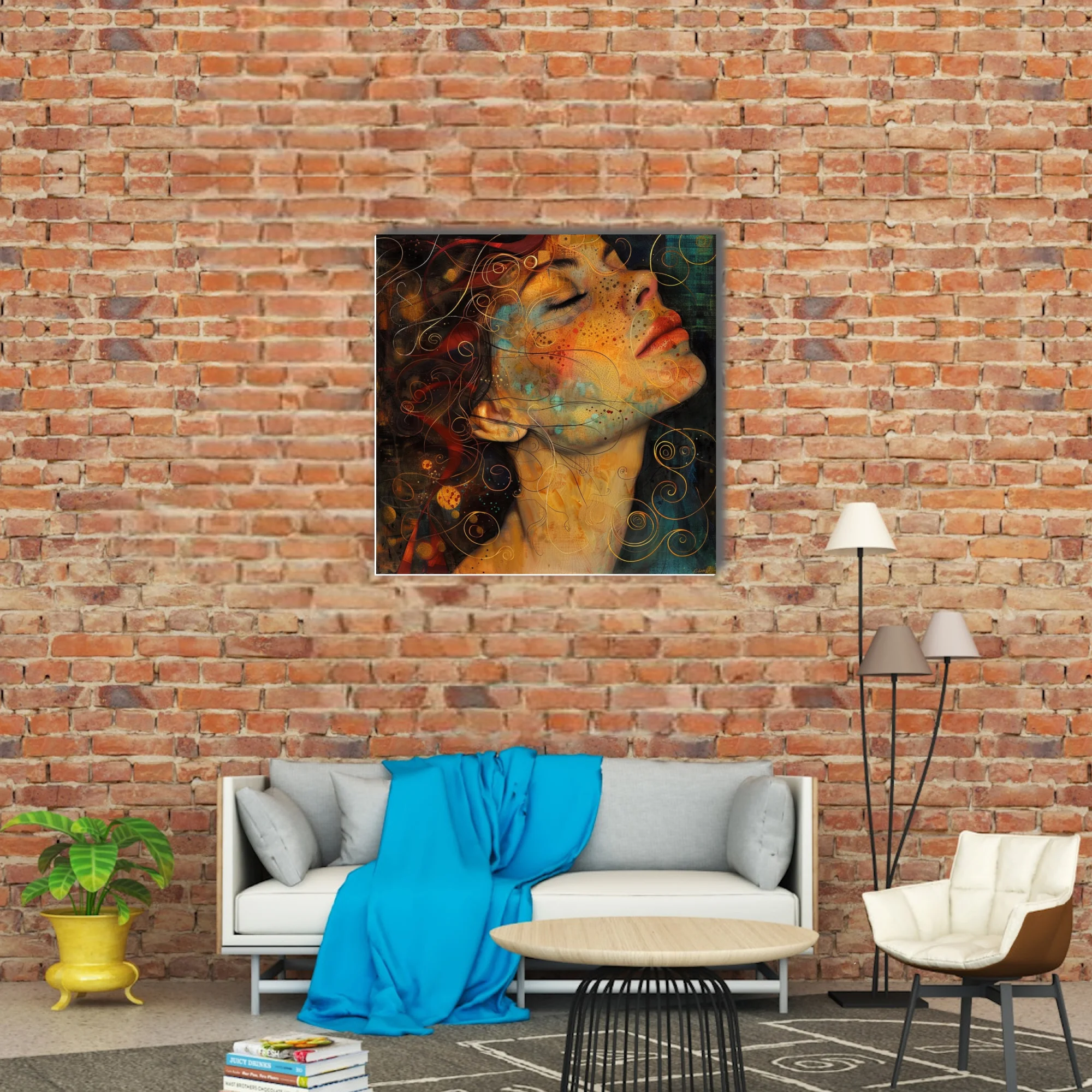 Decorative abstract woman portrait, amber tones, golden spirals, watercolor-style