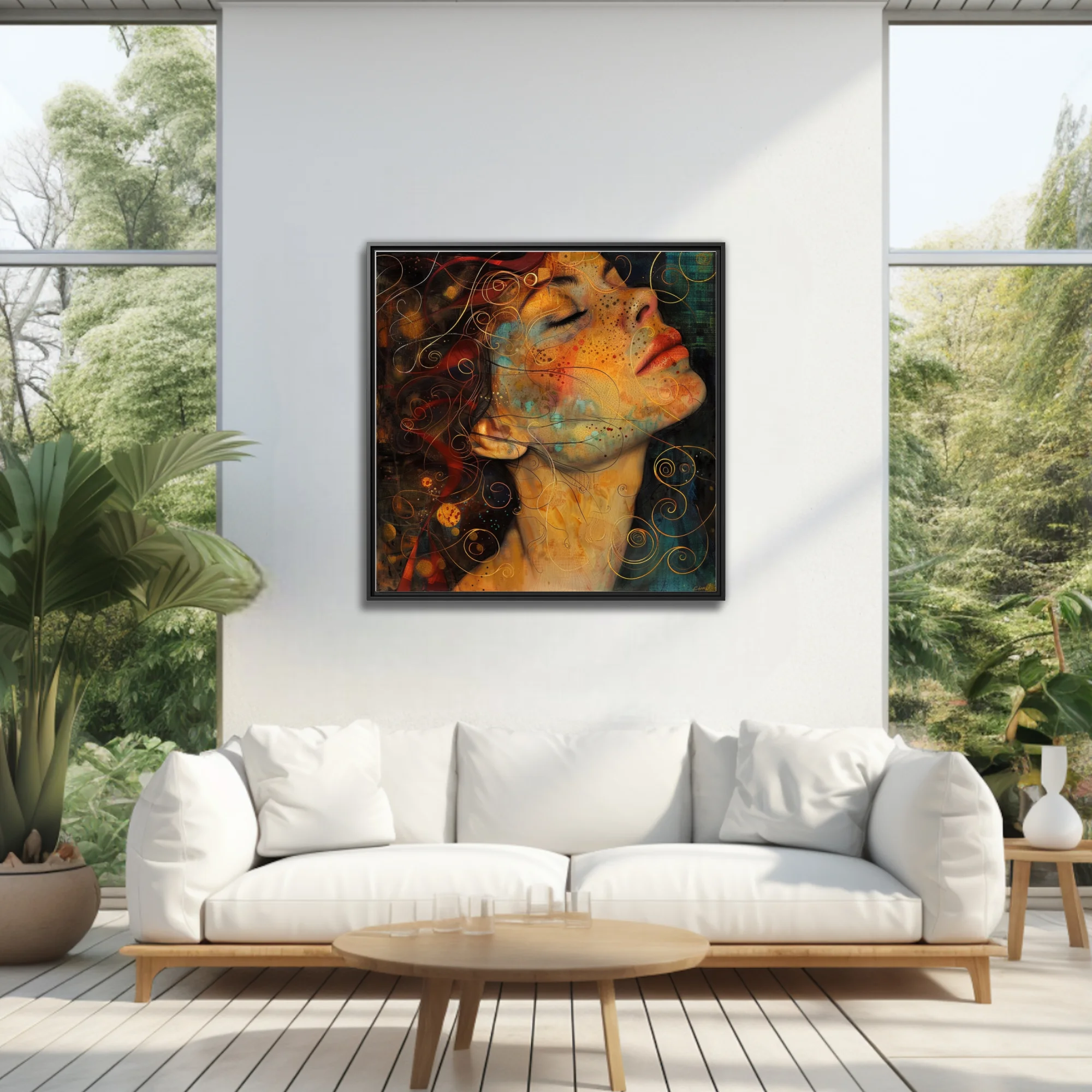 Decorative abstract woman portrait, amber tones, golden spirals, watercolor-style