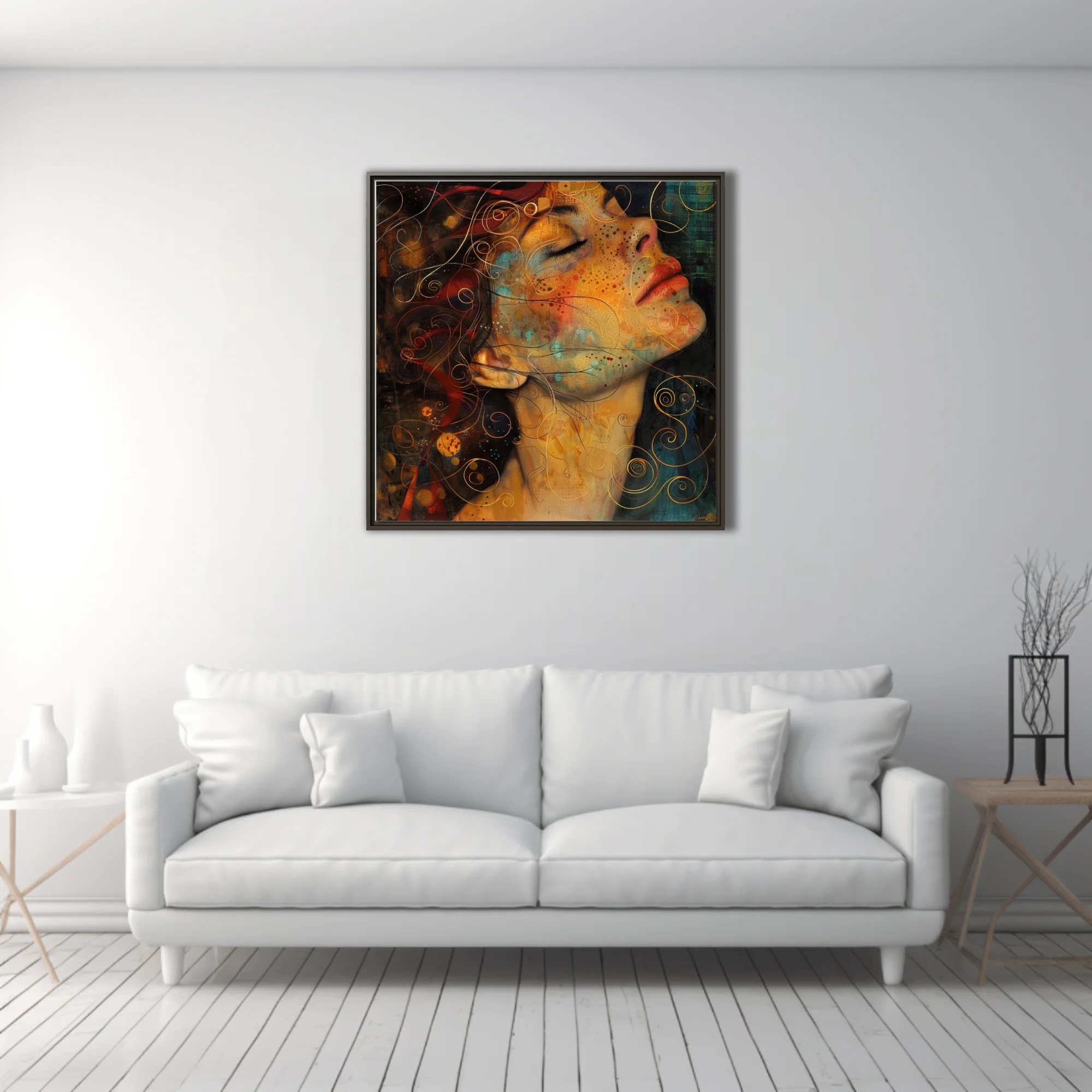 Decorative abstract woman portrait, amber tones, golden spirals, watercolor-style