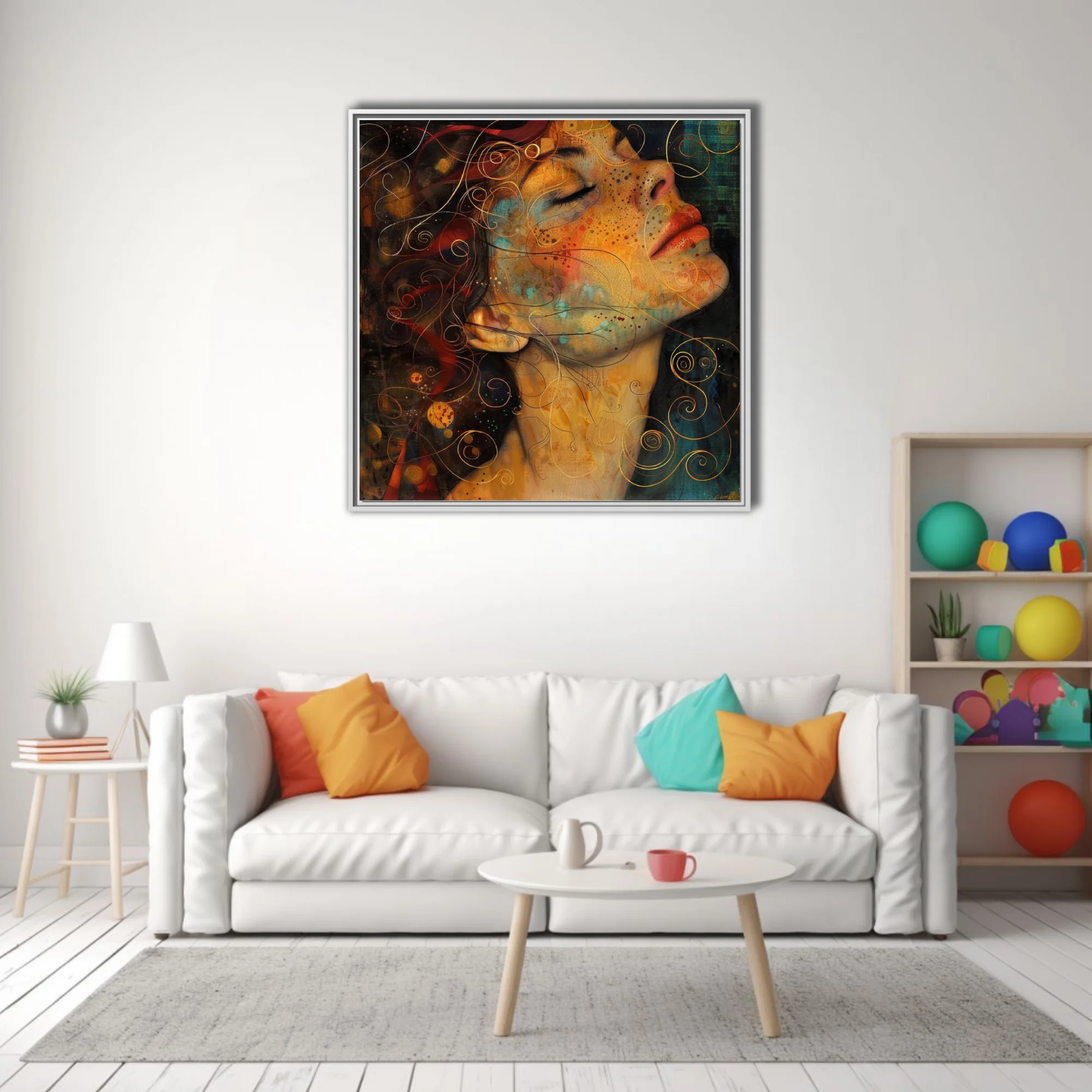 Decorative abstract woman portrait, amber tones, golden spirals, watercolor-style