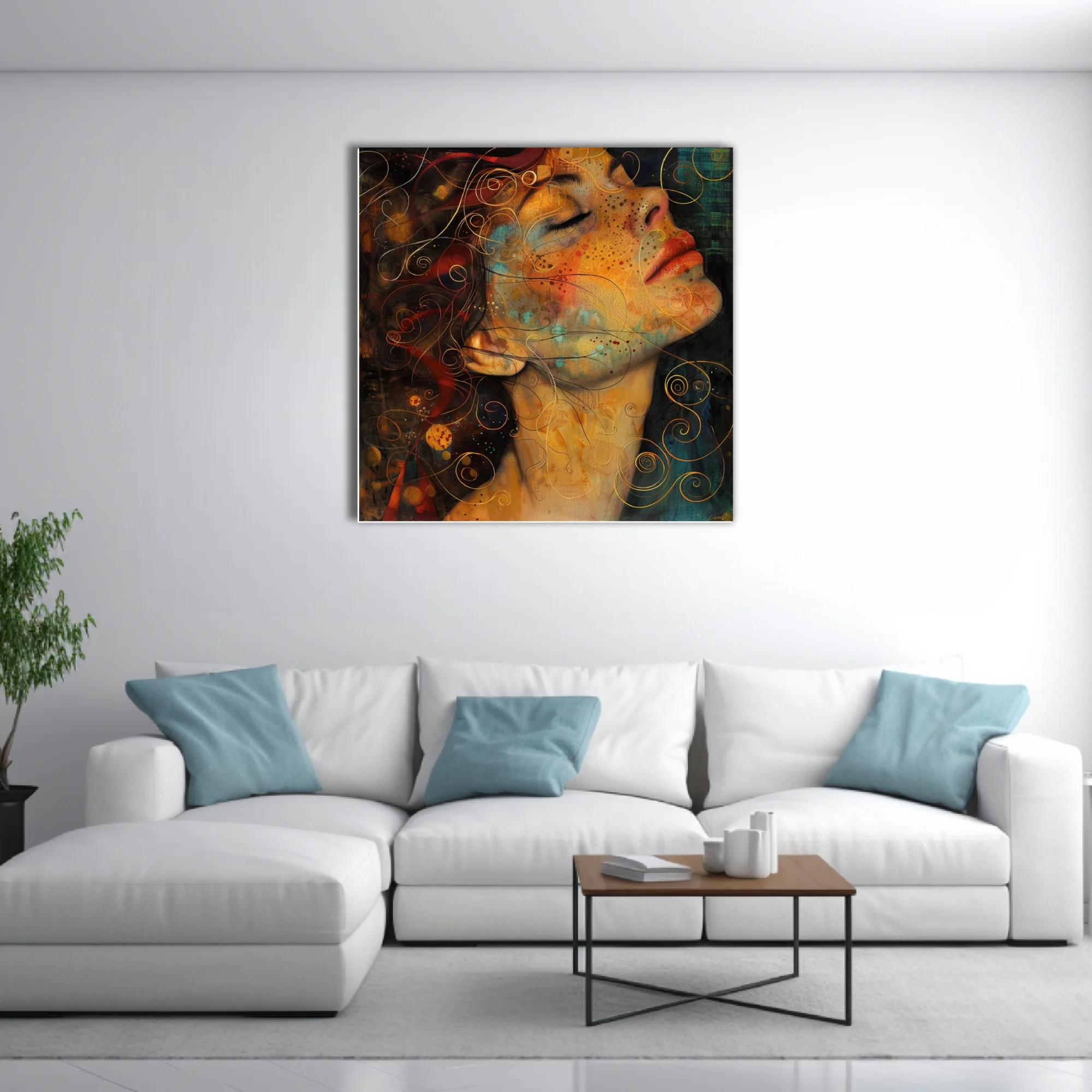 Decorative abstract woman portrait, amber tones, golden spirals, watercolor-style