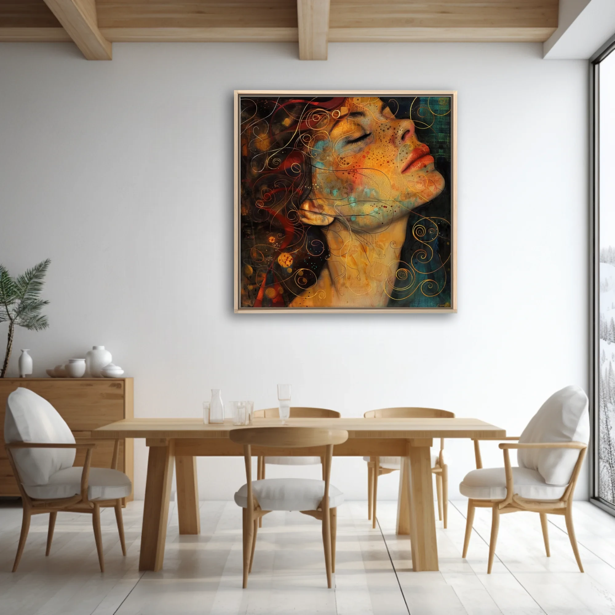 Decorative abstract woman portrait, amber tones, golden spirals, watercolor-style