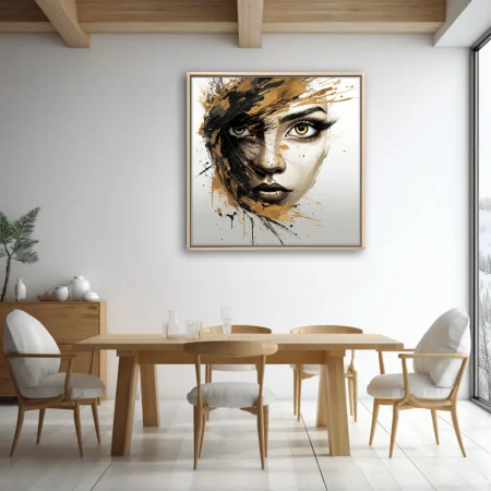 Contemporary abstract woman portrait in black ink and gold splatter with striking amber eyes