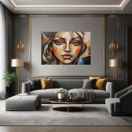 Faceted geometric abstract female portrait, warm amber tones and vivid blue eyes