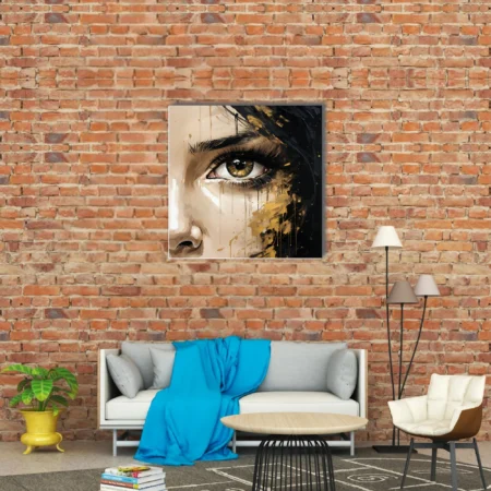 Expressive close-up portrait of a woman's eye with black hair and gold splashes on cream