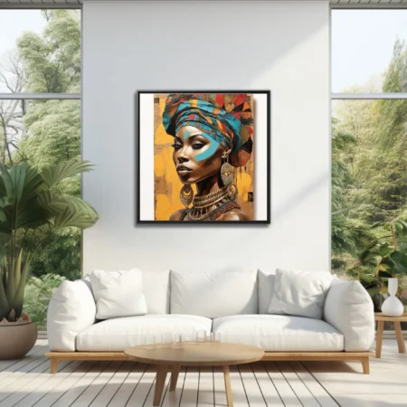 Bold collage-style African portrait with turban, face paint, gold jewelry, amber background