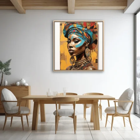 Bold collage-style African portrait with turban, face paint, gold jewelry, amber background