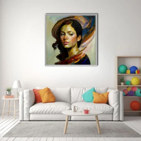 Expressive portrait of a woman with dark hair, ochre and cobalt
