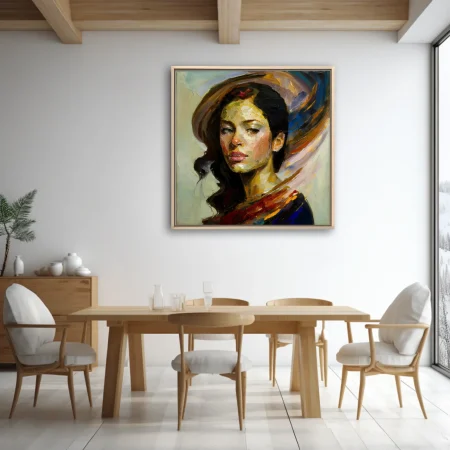 Expressive portrait of a woman with dark hair, ochre and cobalt