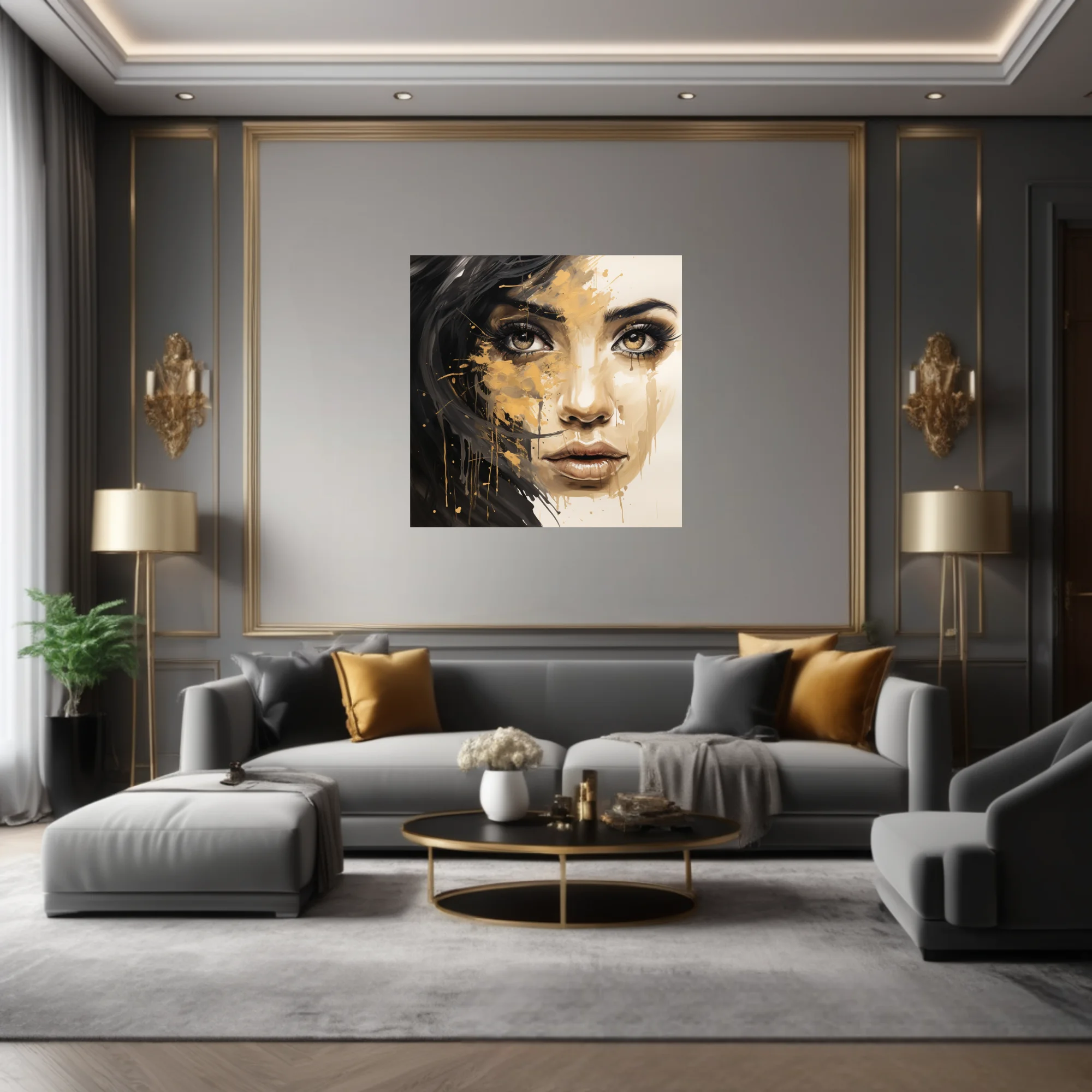 Bold black-and-gold mixed-media portrait of a woman with dripping pigment and intense gaze