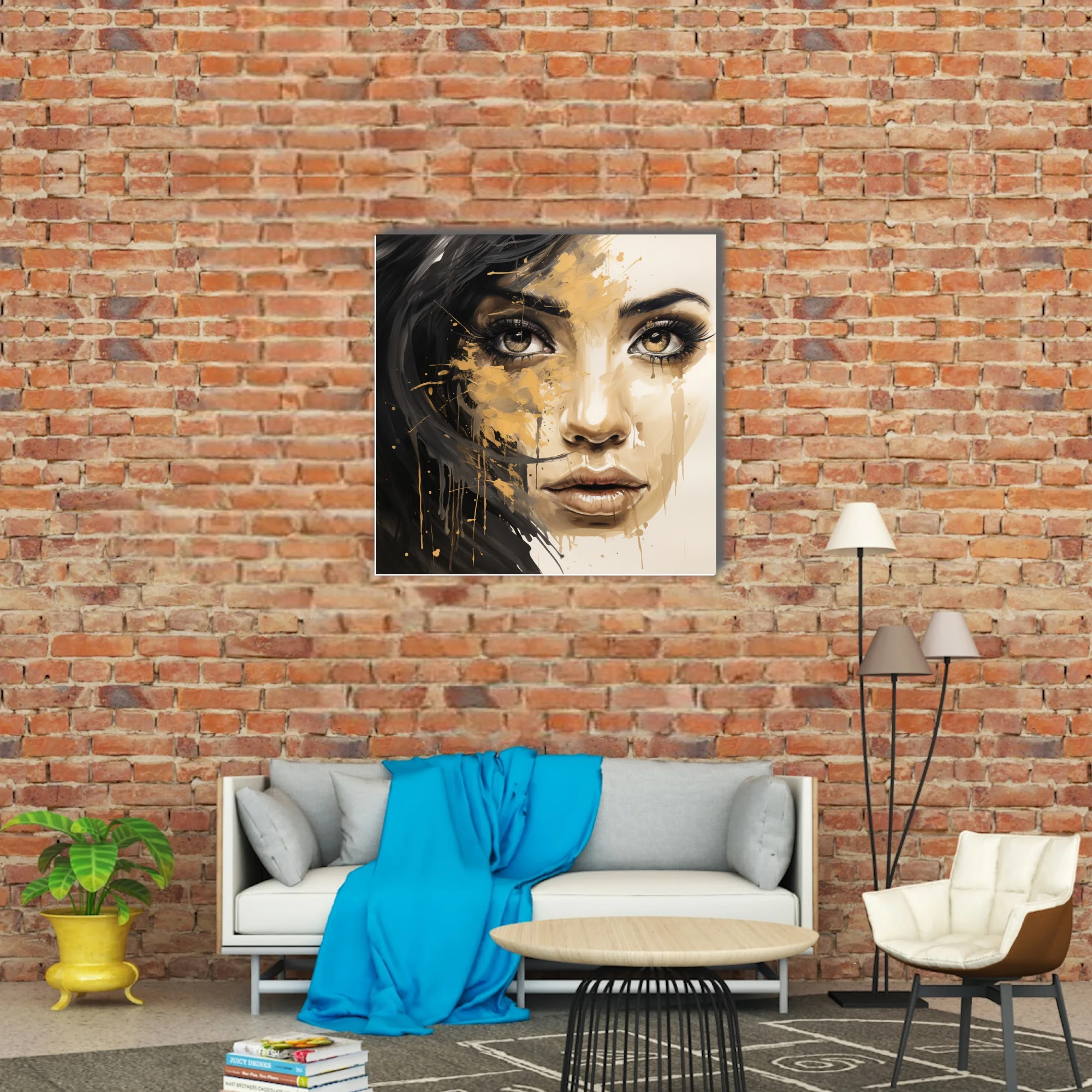 Bold black-and-gold mixed-media portrait of a woman with dripping pigment and intense gaze