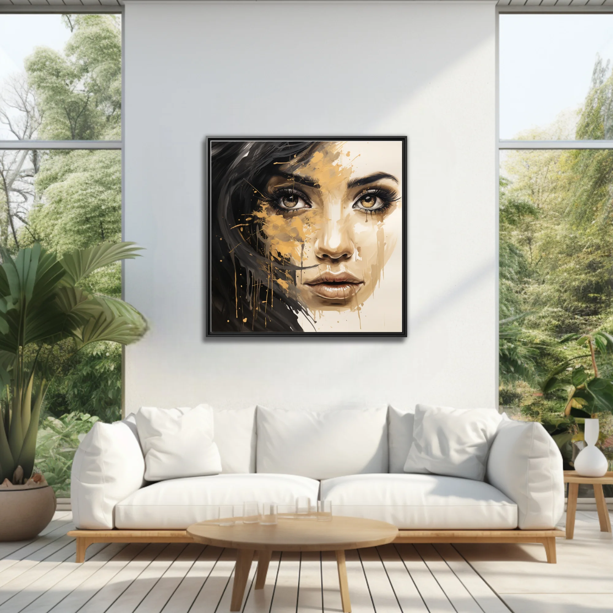 Bold black-and-gold mixed-media portrait of a woman with dripping pigment and intense gaze