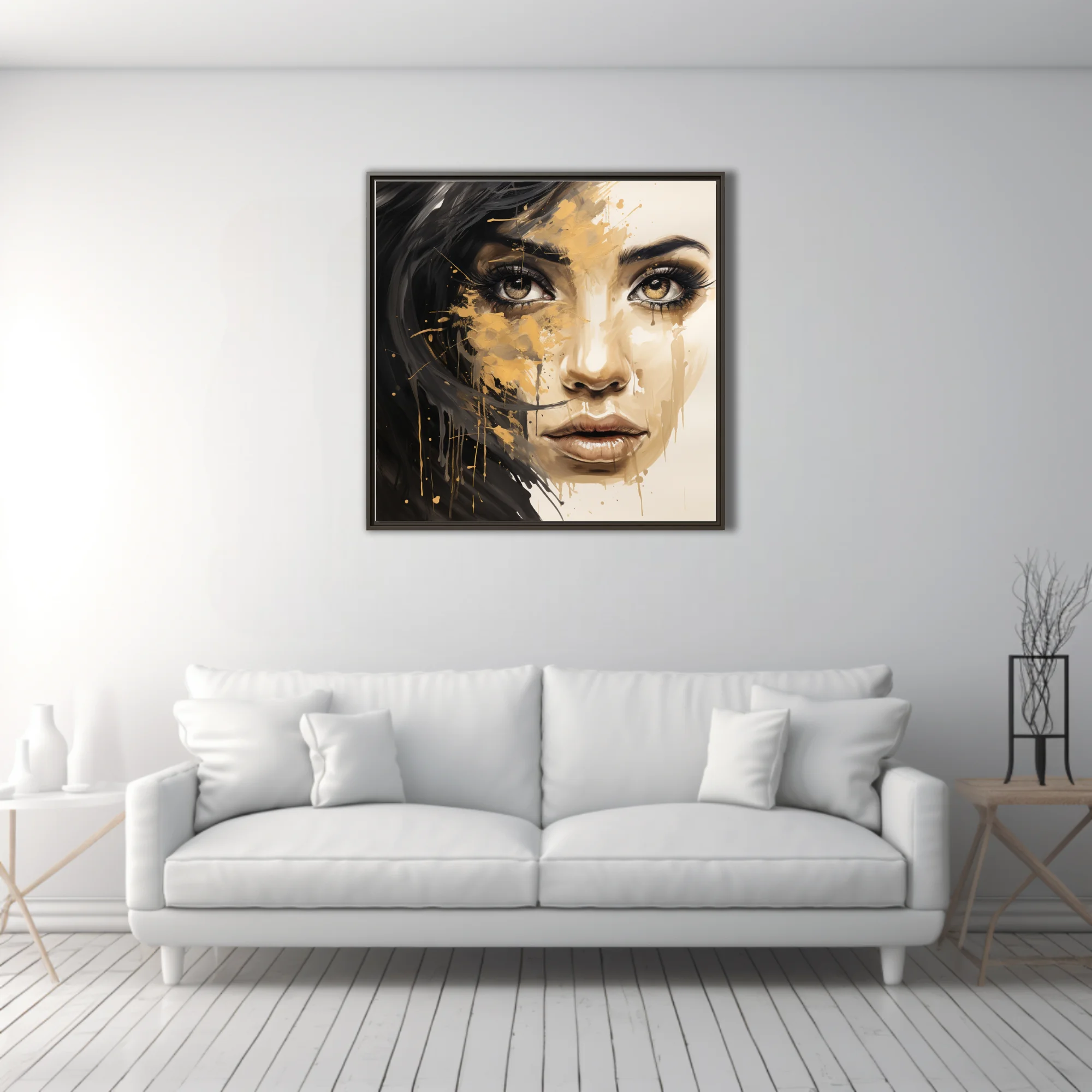 Bold black-and-gold mixed-media portrait of a woman with dripping pigment and intense gaze