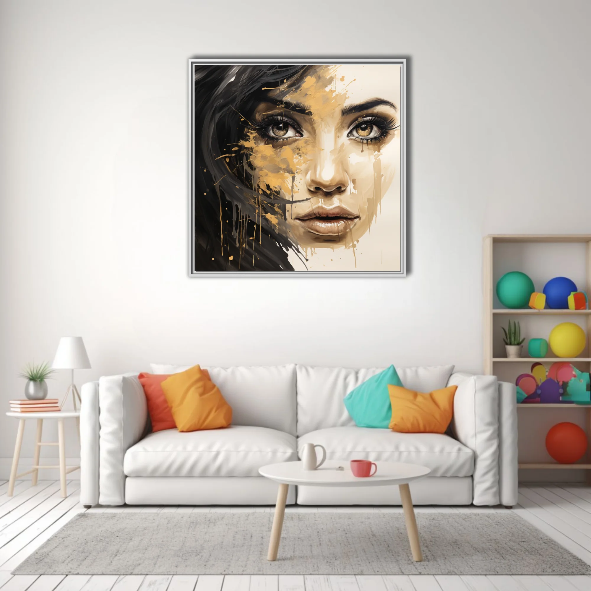 Bold black-and-gold mixed-media portrait of a woman with dripping pigment and intense gaze