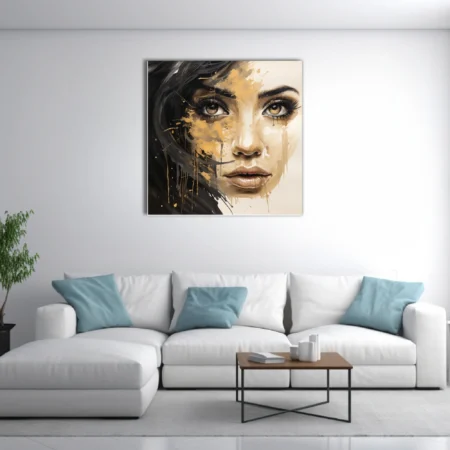 Bold black-and-gold mixed-media portrait of a woman with dripping pigment and intense gaze