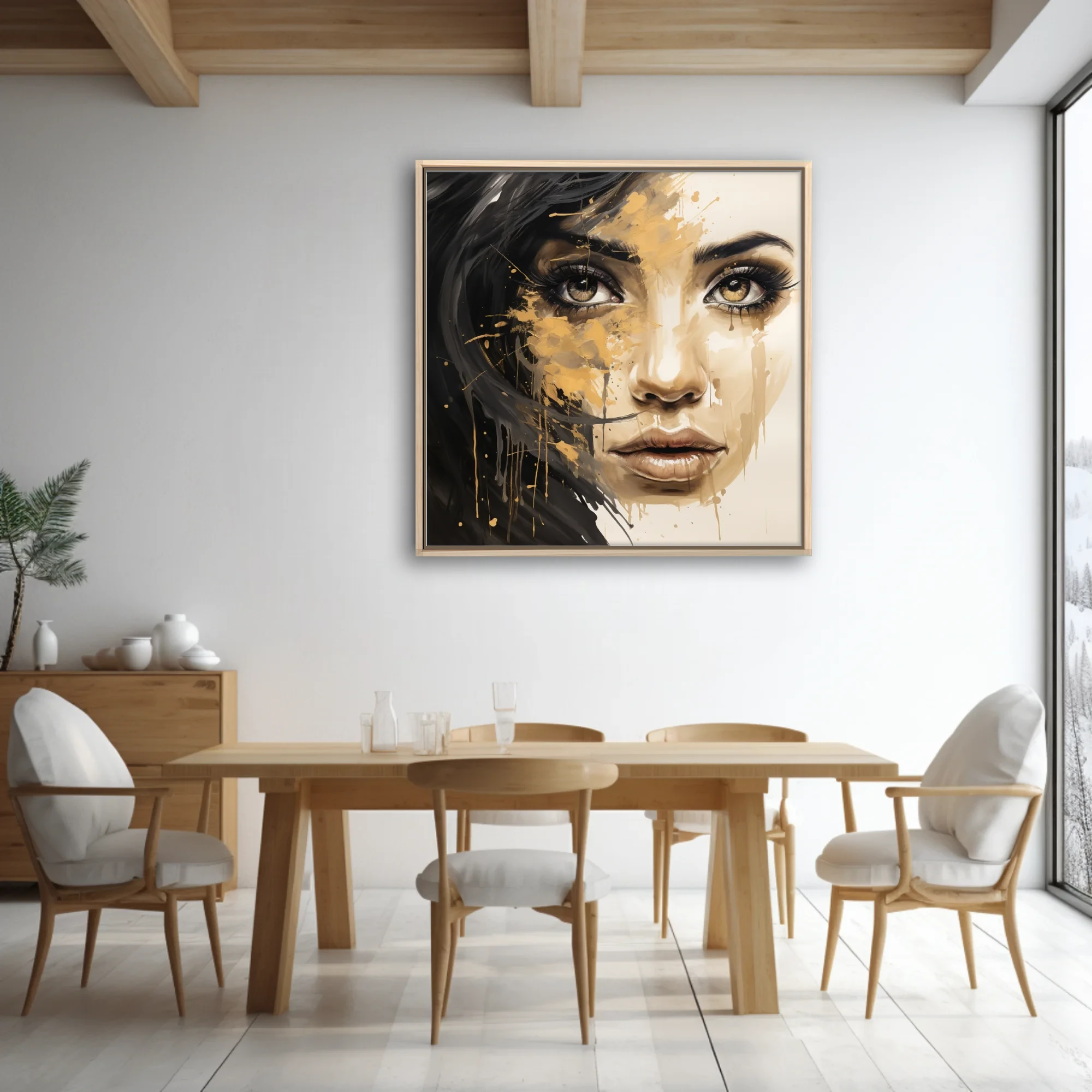 Bold black-and-gold mixed-media portrait of a woman with dripping pigment and intense gaze