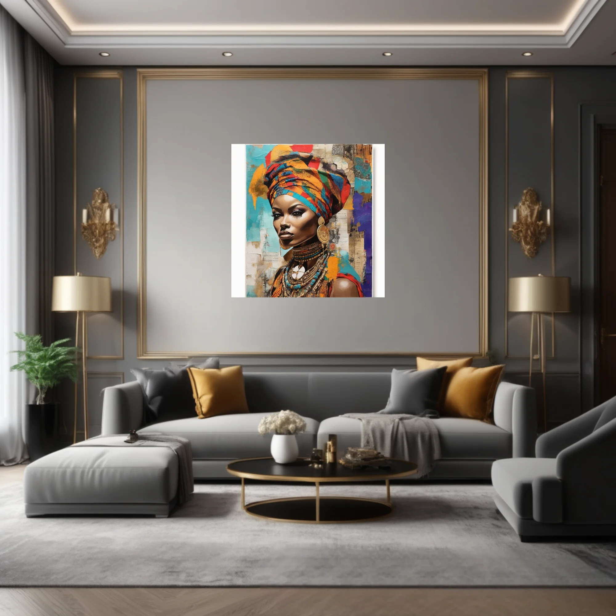Mixed-media collage portrait of woman in colorful head wrap and traditional jewelry