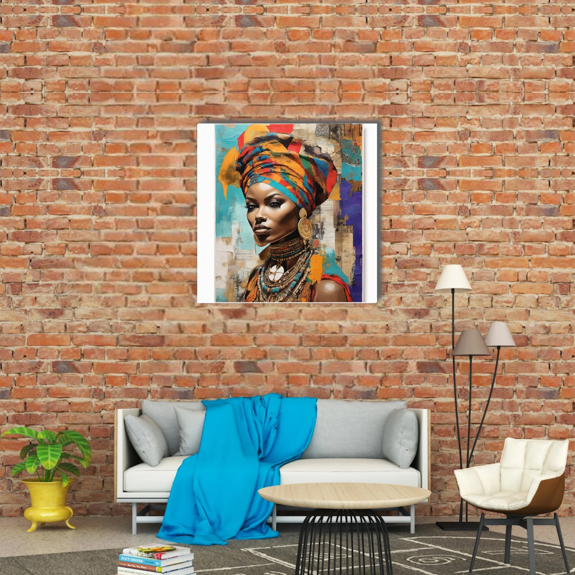 Mixed-media collage portrait of woman in colorful head wrap and traditional jewelry