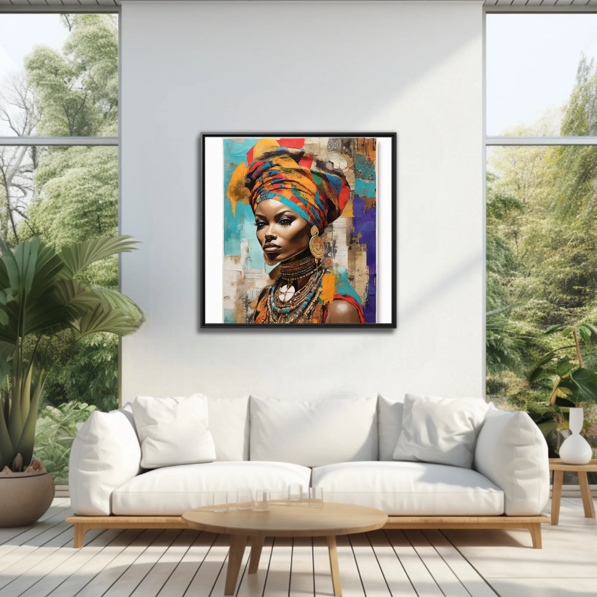 Mixed-media collage portrait of woman in colorful head wrap and traditional jewelry