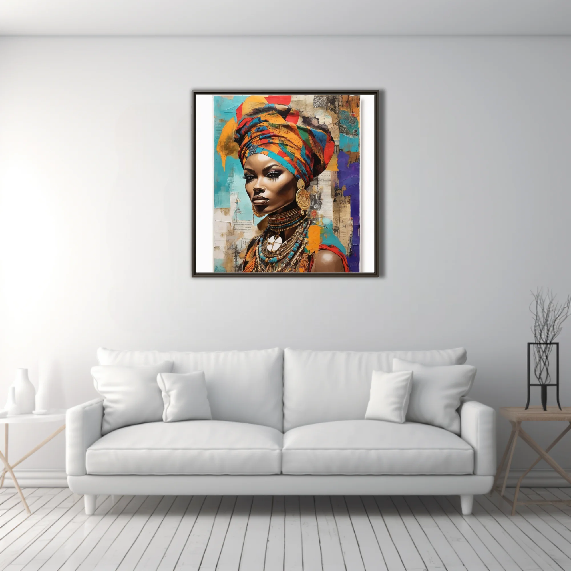 Mixed-media collage portrait of woman in colorful head wrap and traditional jewelry