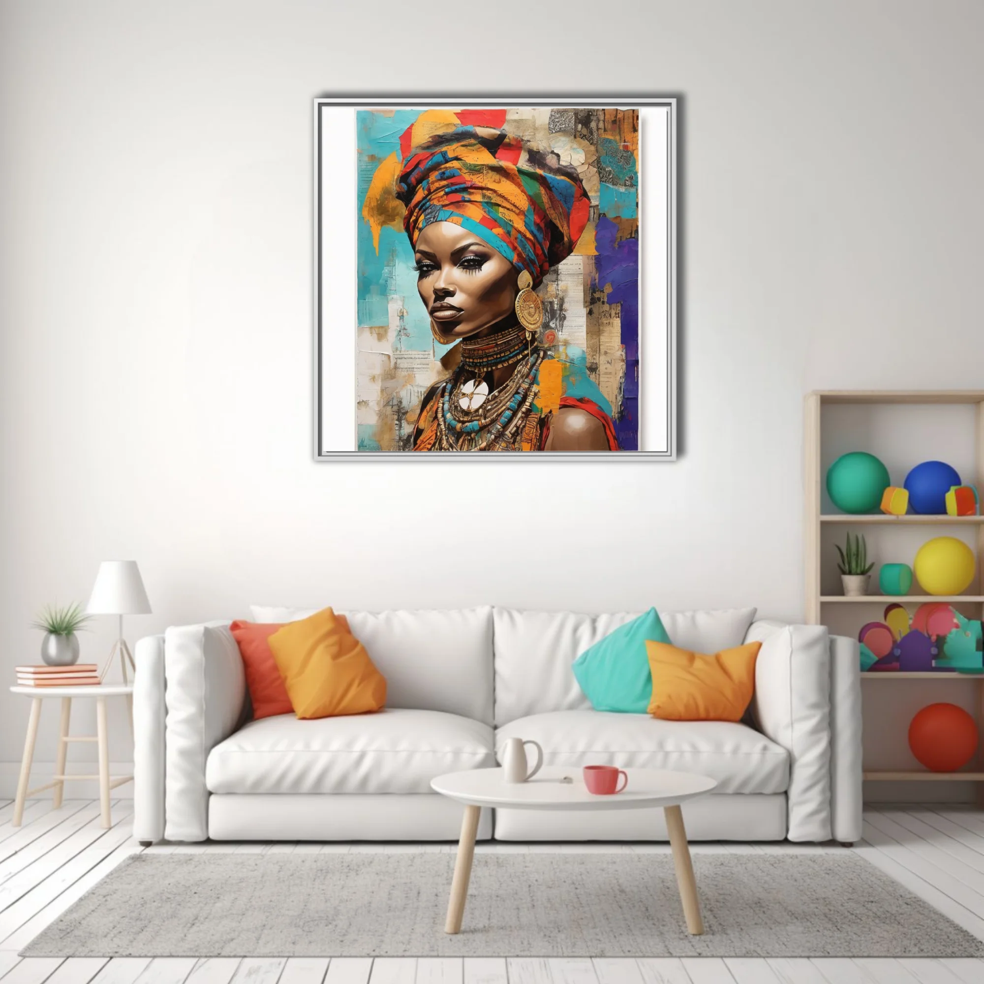 Mixed-media collage portrait of woman in colorful head wrap and traditional jewelry