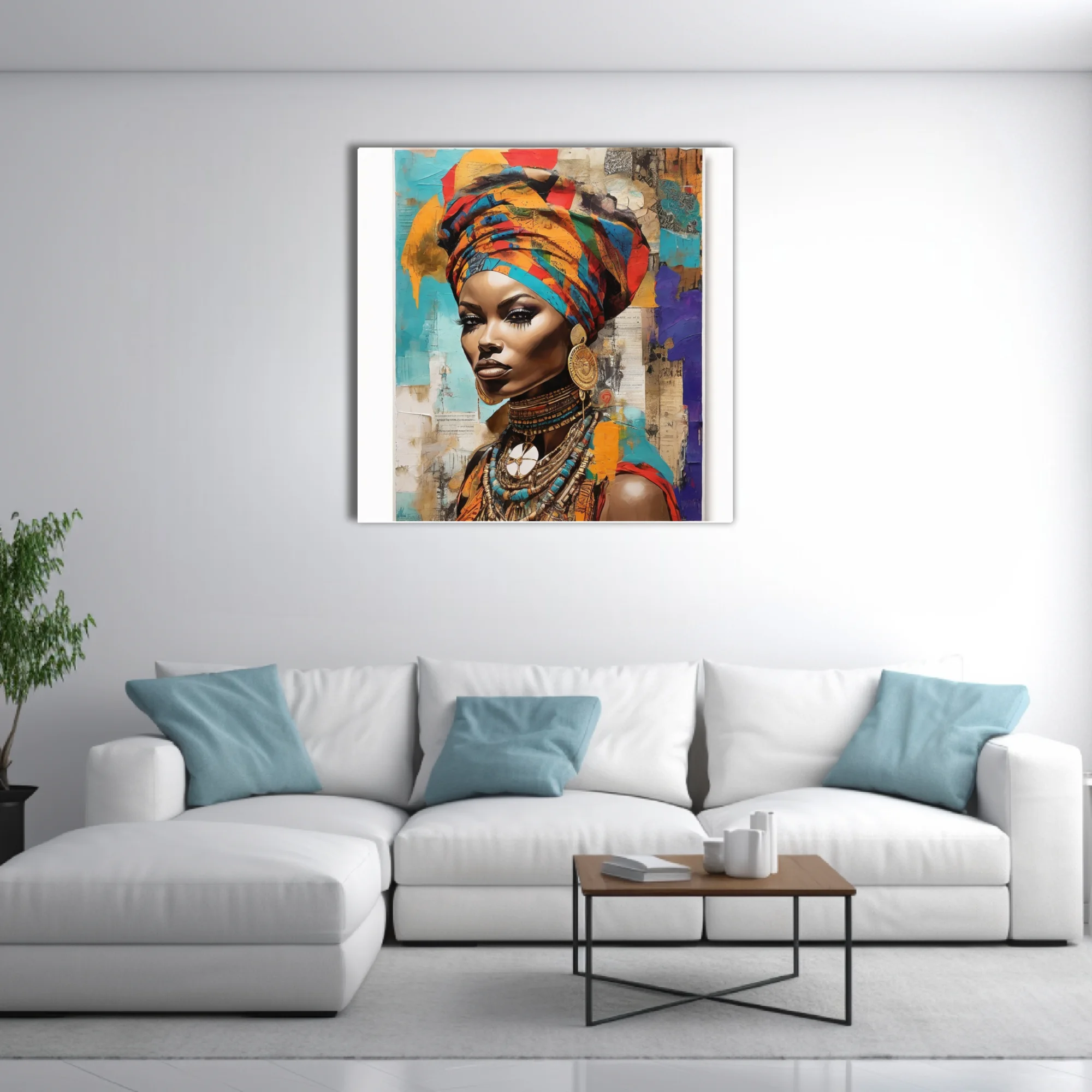 Mixed-media collage portrait of woman in colorful head wrap and traditional jewelry