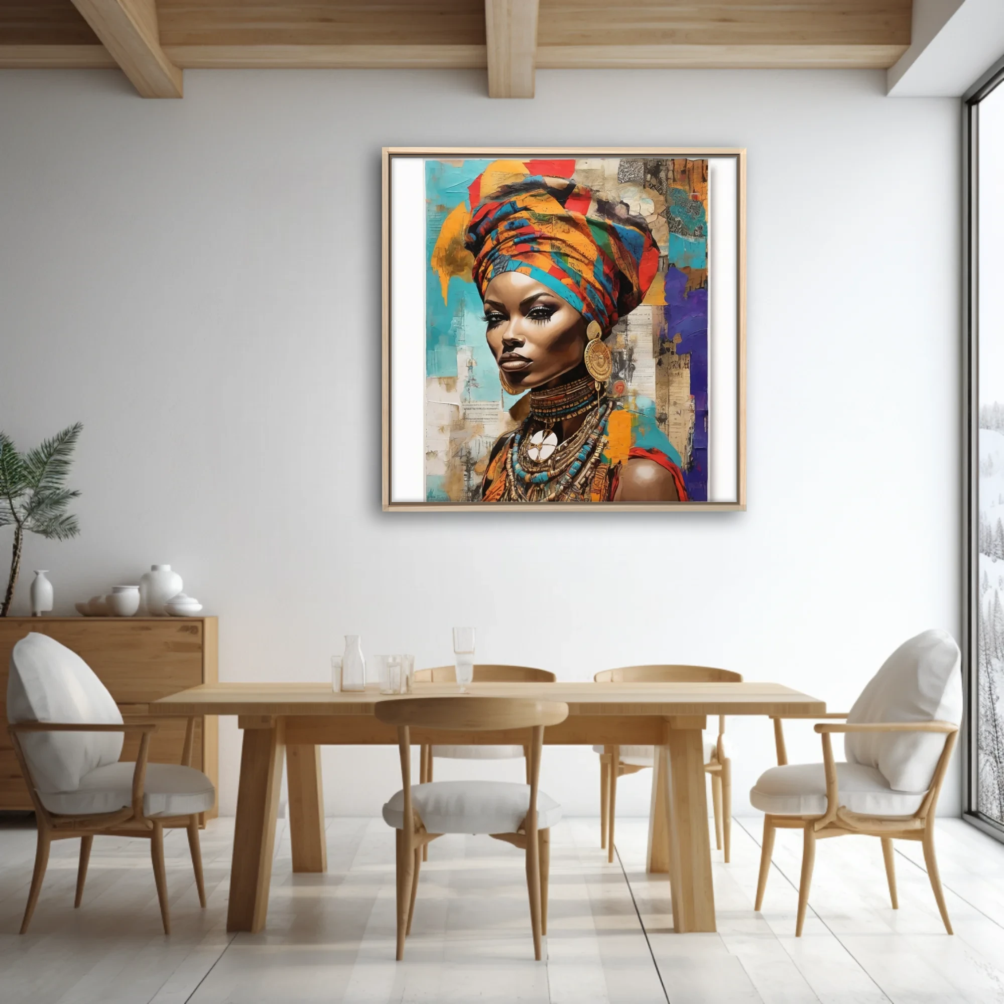 Mixed-media collage portrait of woman in colorful head wrap and traditional jewelry