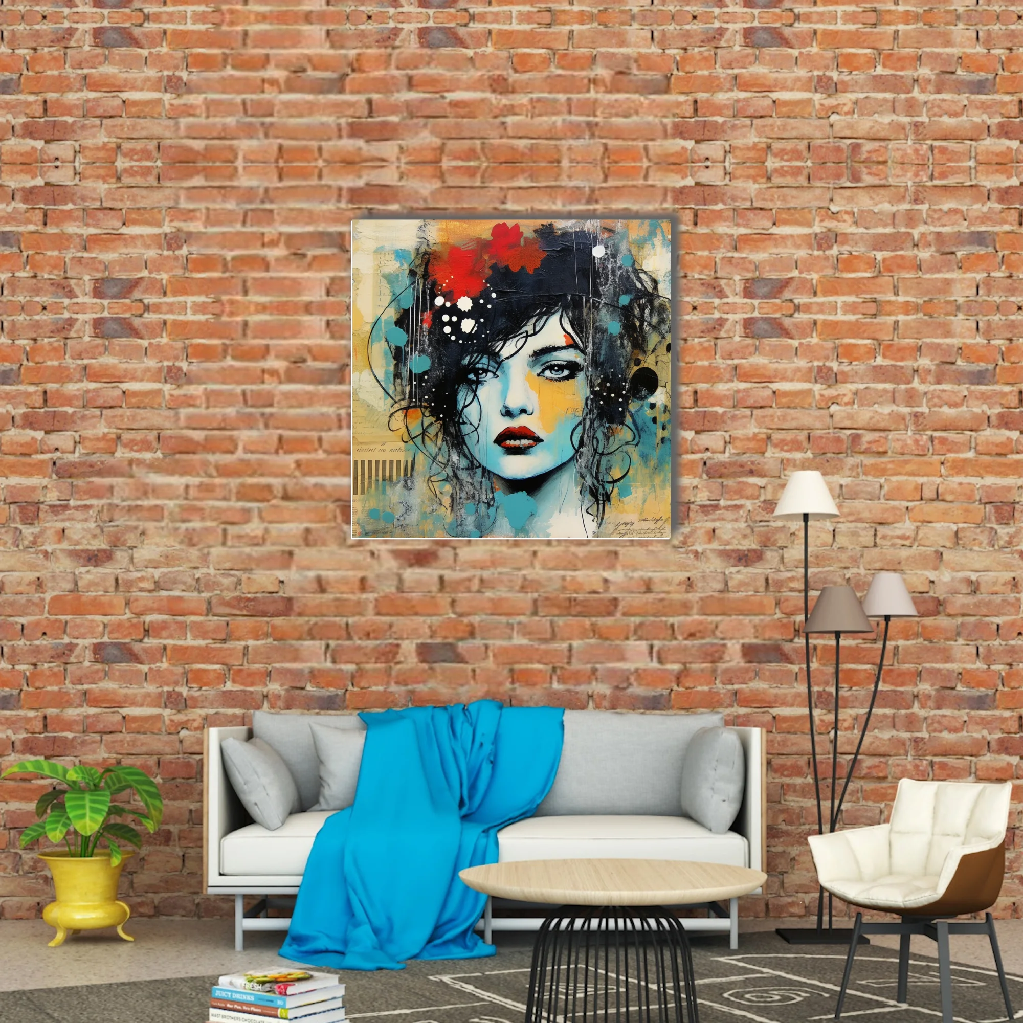 Mixed-media street-art portrait of a woman in teal, ochre, and red with floral and ink accents