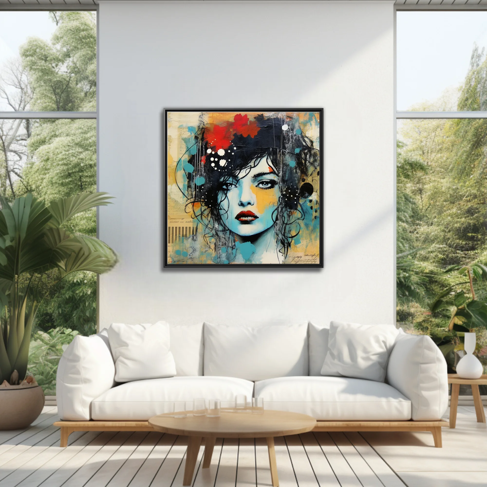Mixed-media street-art portrait of a woman in teal, ochre, and red with floral and ink accents