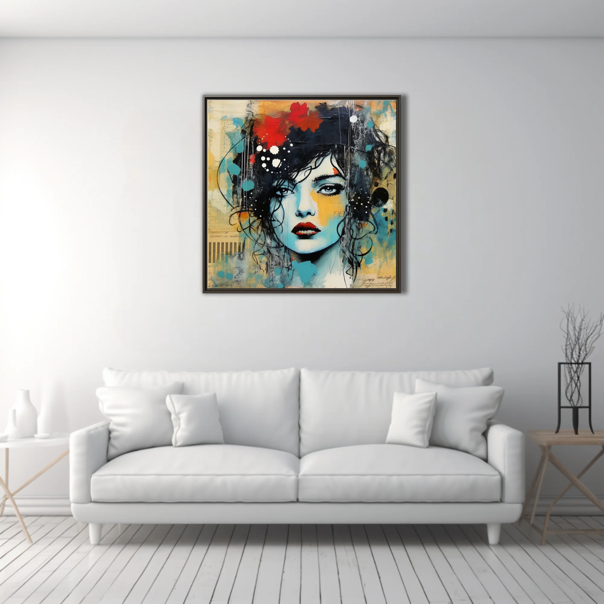Mixed-media street-art portrait of a woman in teal, ochre, and red with floral and ink accents