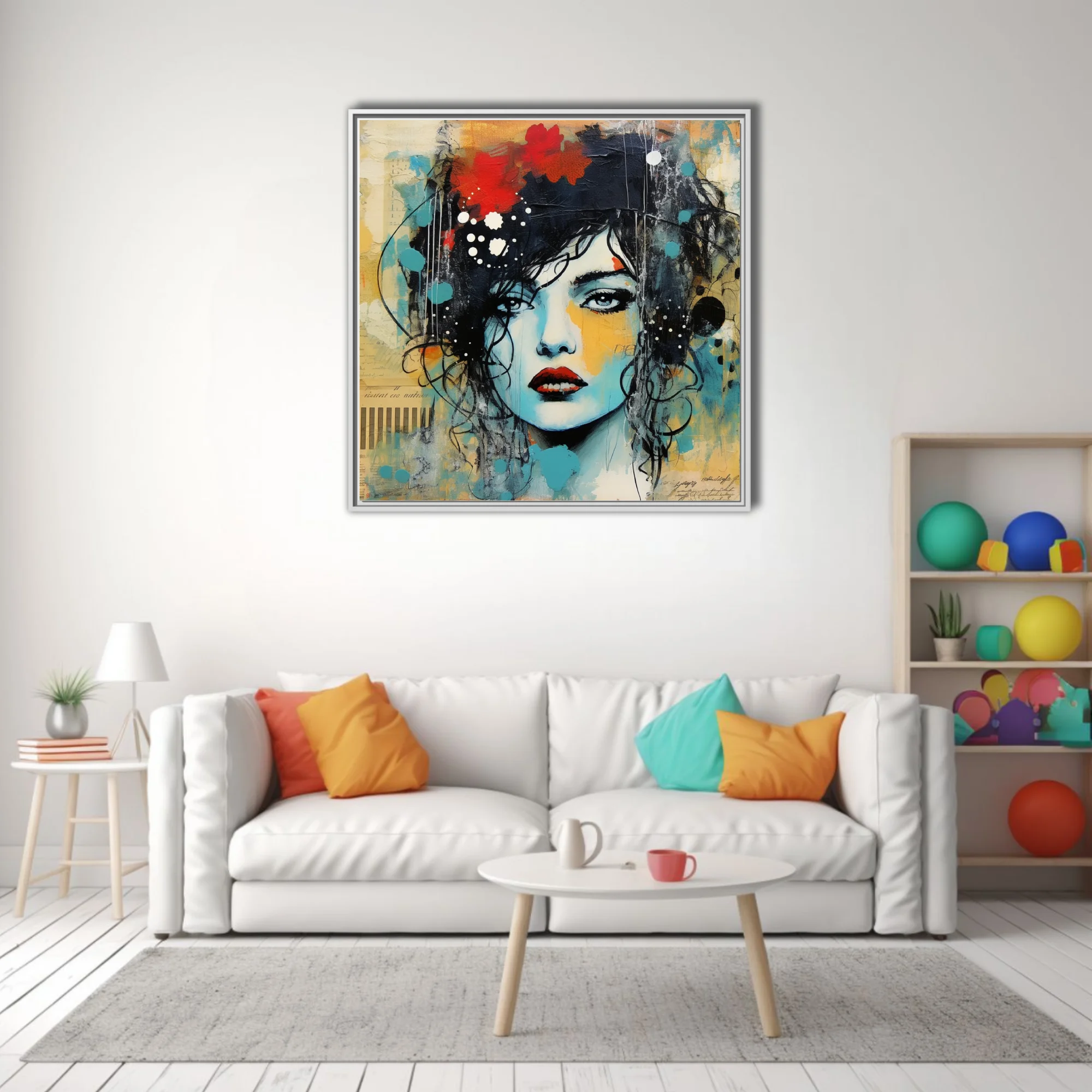 Mixed-media street-art portrait of a woman in teal, ochre, and red with floral and ink accents