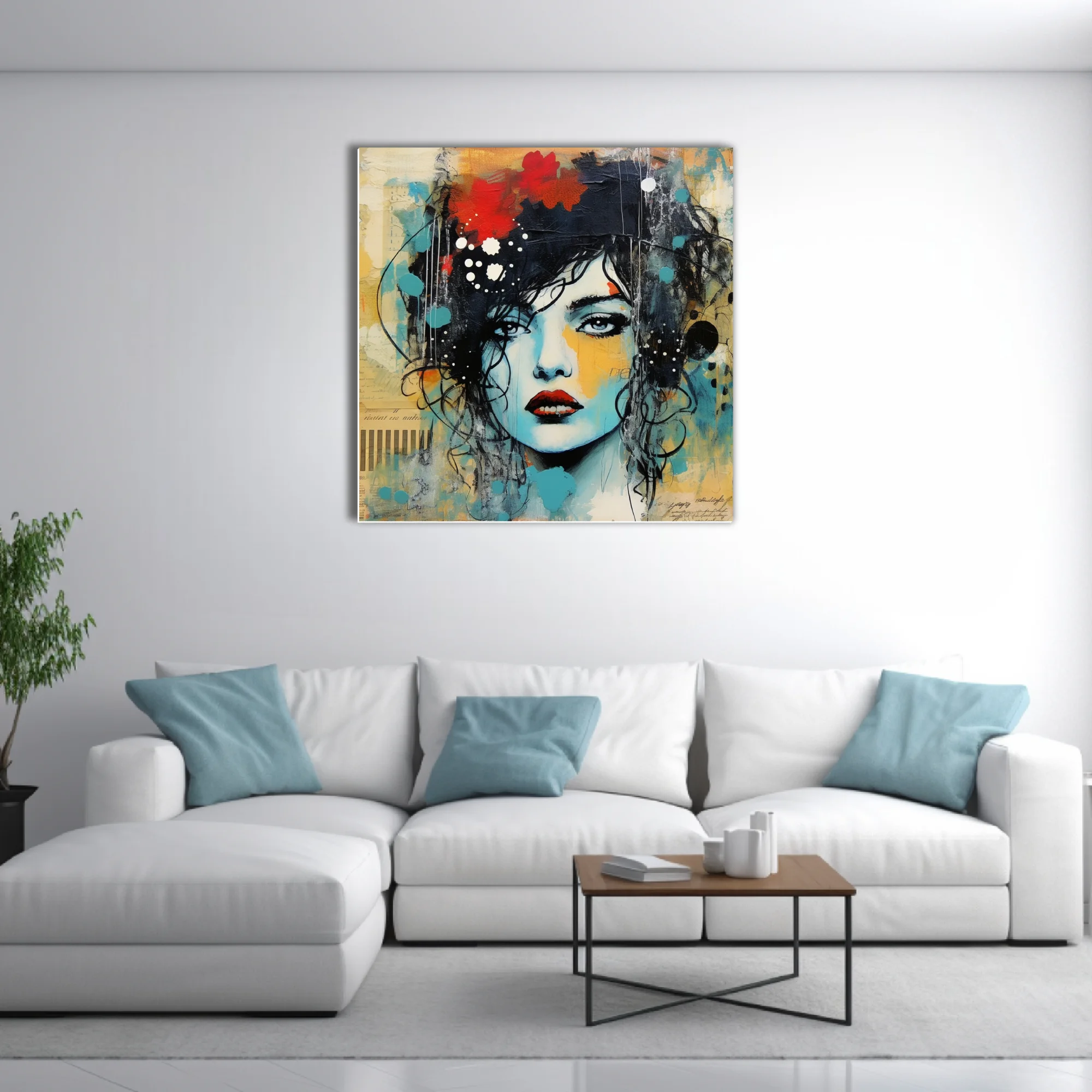 Mixed-media street-art portrait of a woman in teal, ochre, and red with floral and ink accents