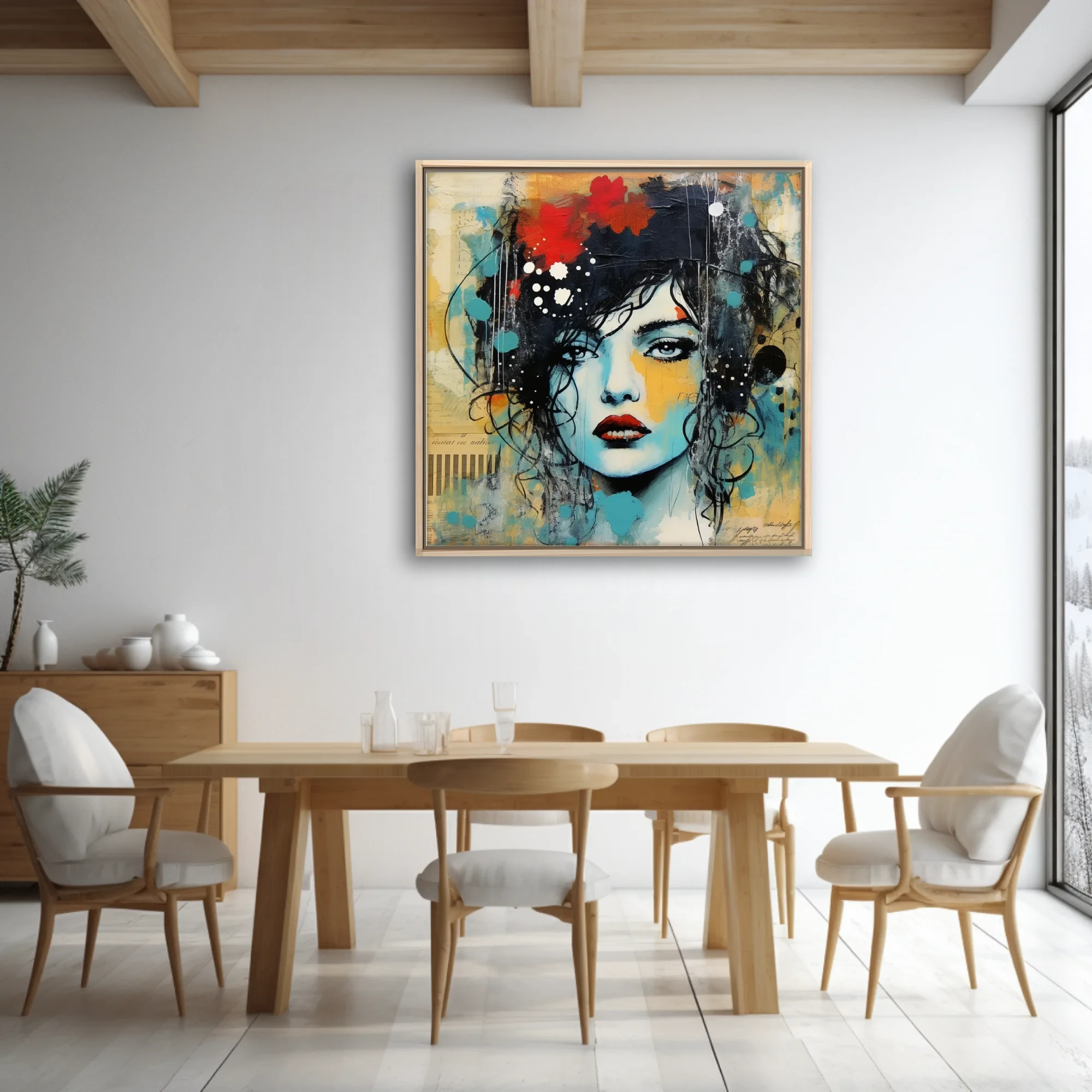 Mixed-media street-art portrait of a woman in teal, ochre, and red with floral and ink accents