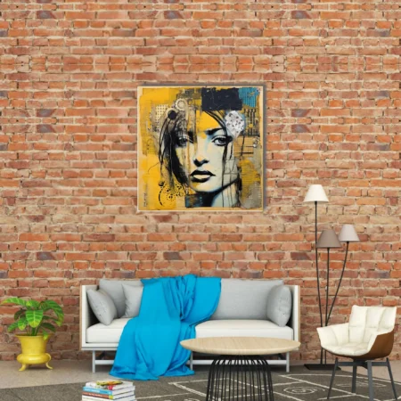 Mixed-media collage portrait of a woman in bold yellow, black and teal with torn paper textures