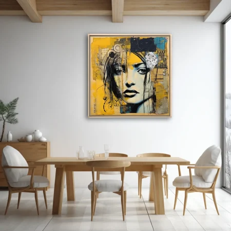 Mixed-media collage portrait of a woman in bold yellow, black and teal with torn paper textures